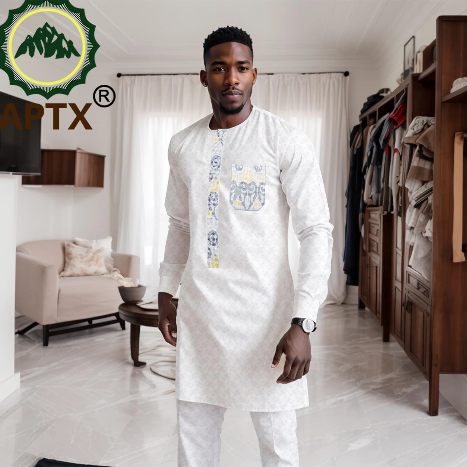 African Men Suit Set New Fashion Wedding Clothes Sportswear O-neck Top Shirt With Webbing Pants Casual Party Suit Abaya A2316099