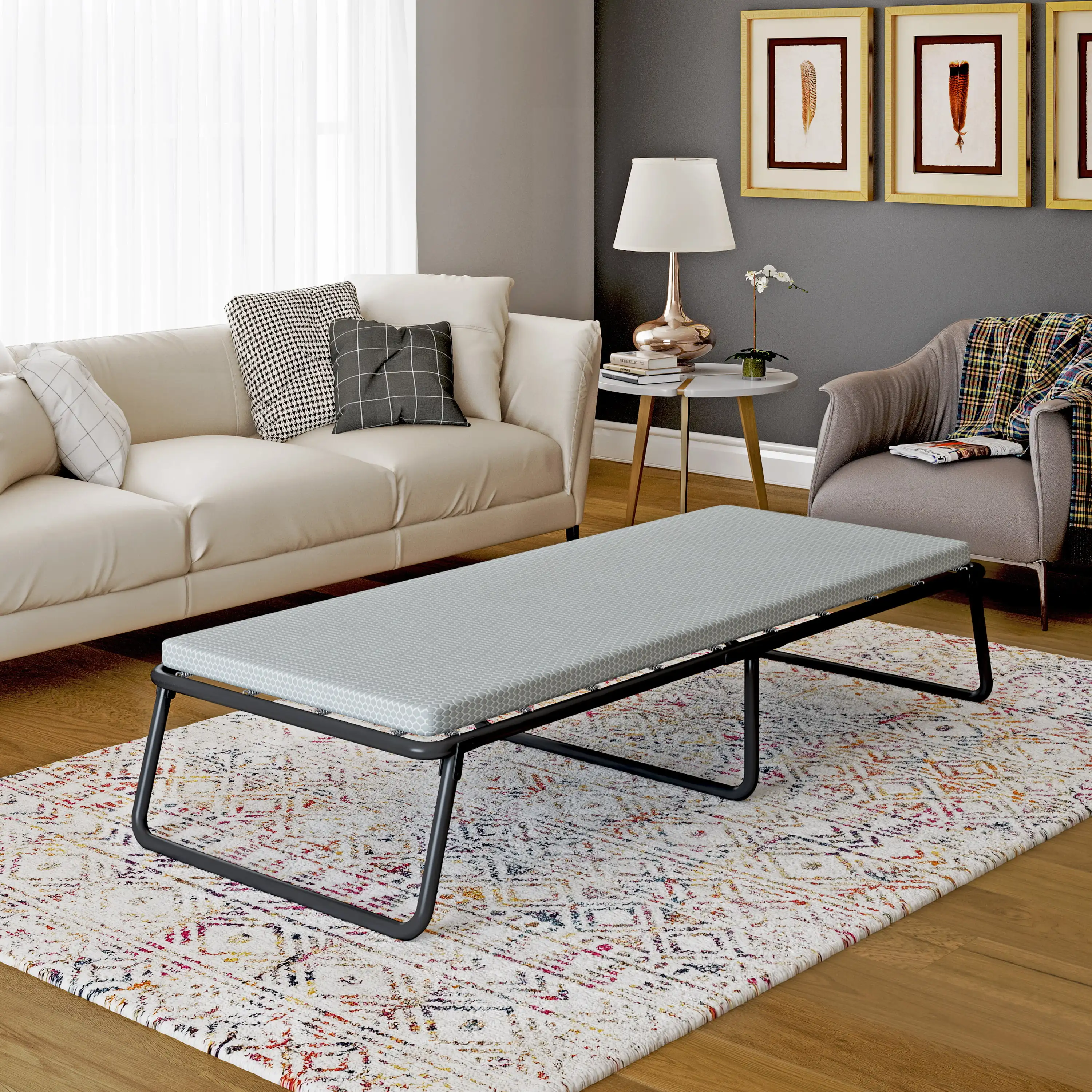 

Folding Guest Bed with Springs and Memory Foam Mattress, Single(Us Stock)