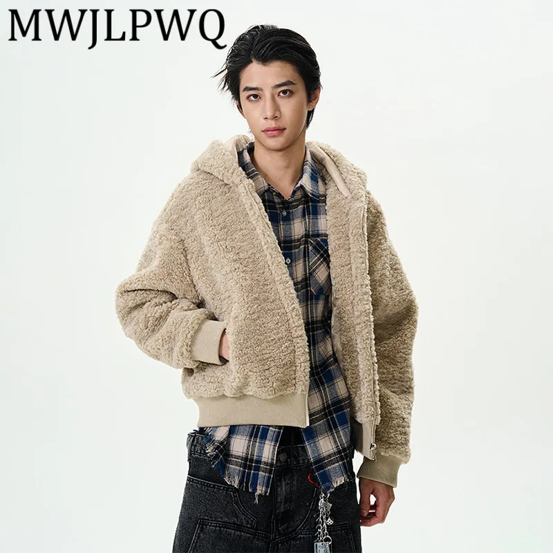 

MWJLPWQ Fur Design Male Solid Color Hooded Padded High Street Long Sleeve Zipper Thicken Autumn Winter Loose Casual Tops 11860