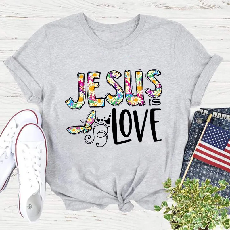 Jesus Love Print Women T Shirt Short Sleeve O Neck Loose Women Tshirt Ladies Tee Shirt Tops Clothes Camisetas Mujer