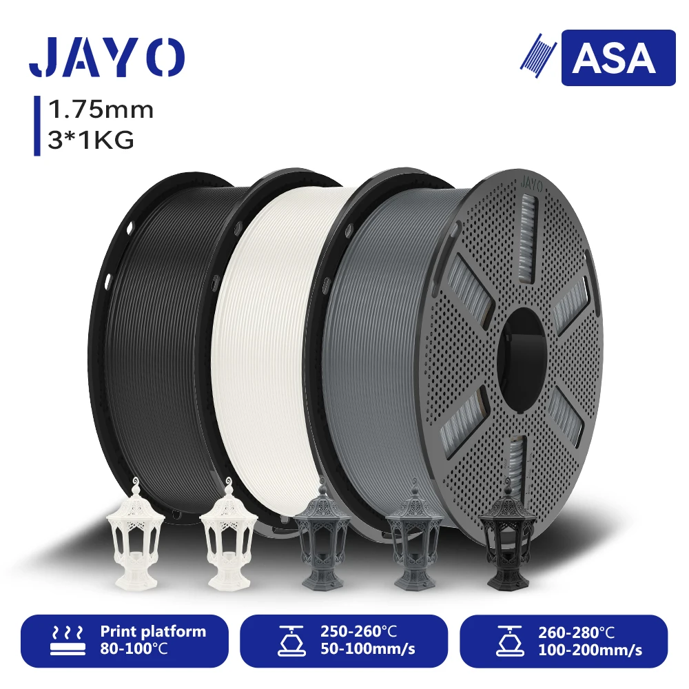 JAYO 3*1KG 3D Filament ASA 1.75mm Heat & Weather Resistant ASA 3D Printer Filament Perfect for Printing Outdoor Functional Part