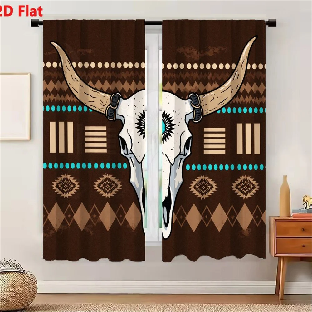 2Pcs Curtains 2D Flat Stylized Bull Skull With Curved Horns Turquoise Gemstone Black Sunburst Design Geometric Tribal Patterns O