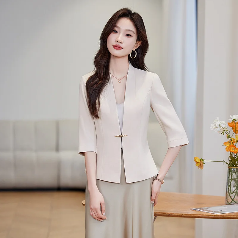 High quality women blazer three quarter sleeve slim jacket V neck autumn spring 2025 elegant office clothes pink black beige
