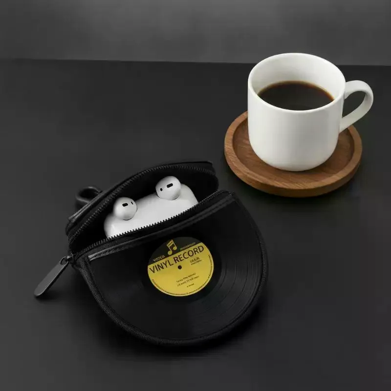 Novelty Retro Vinyl Record Coin Purse Smooth Zipper Hanging Hook Durable Small Pouch for Earphone Coins Travel Commute