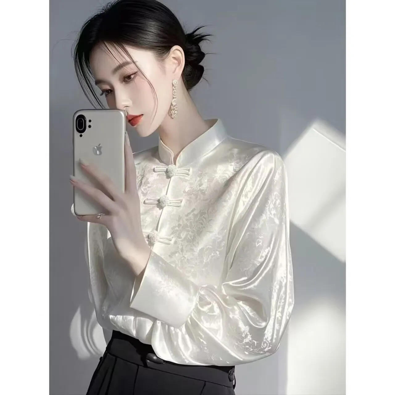 Women Chinese Knot Button Shirt 2026 New Summer Autumn Jacquard Shirt Female Blouses Ladies Tops Office Lady Elegant Clothing