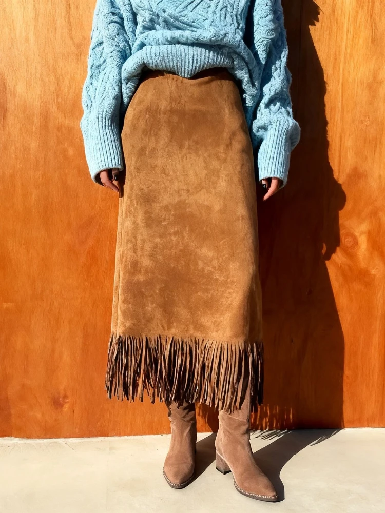 Ladies' Autumn Winter Fashionable Elegant Tassel Long Suede Skirt Retro Comfortable Straight Long Skirt New Style