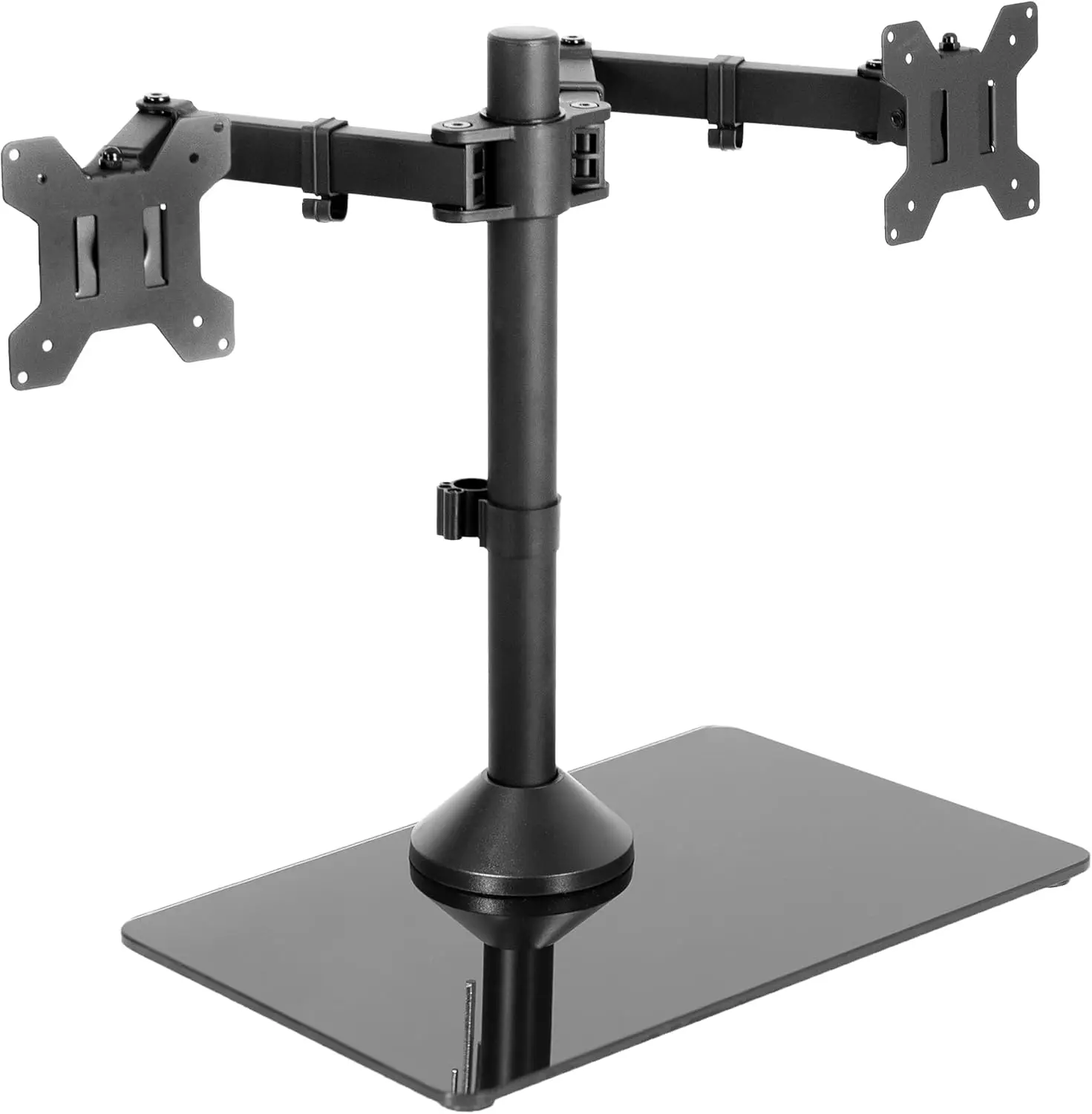 Dual Monitor Stand Freestanding with Adjustable Arms, Mounts 2 Screens up to 32 inch, Tempered Glass Base, Black