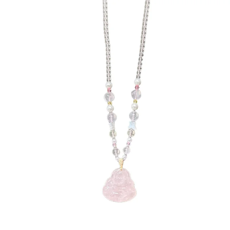 Spring model natural Buddha pendant necklace, gentle pink crystal, new Chinese style, niche design