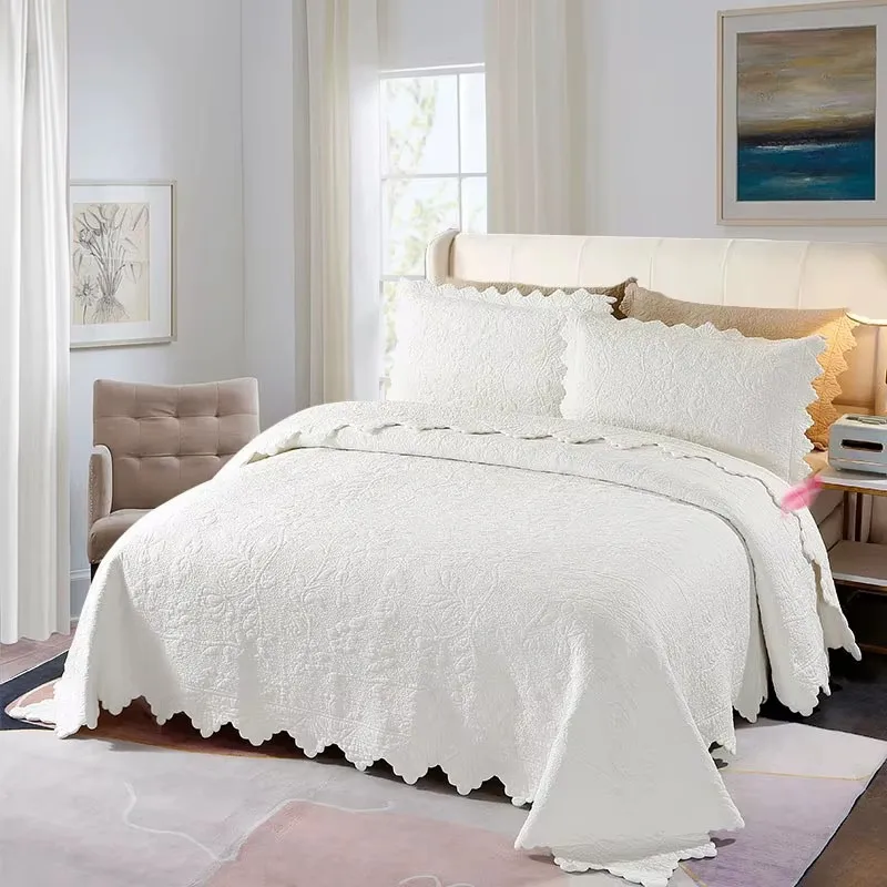 Cotton Quilts Set 3PCS Queen King Size Farmhouse Matelasse Coverlet with Scalloped Edge Luxury Bedspread Quilt Bedding