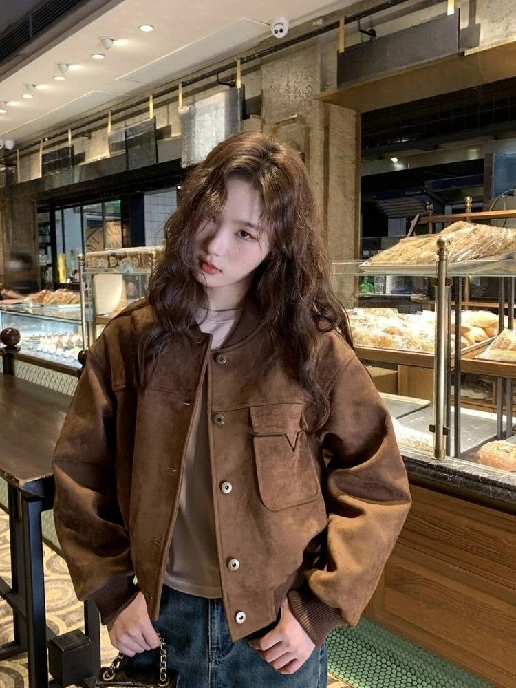 

Винтажная замшевая бейсбольная куртка Americana, короткое пальто с капюшоном, весенне-осенняя повседневная верхняя одежда в городском стиле