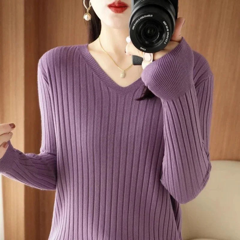

Women Sweater Autumn Winter V-neck Striped Warm Pullovers Korean Long Sleeve Basic Tops Slim Fit Bottoming Shirt Strecth Jumpers
