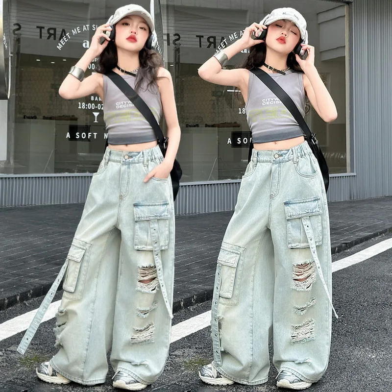 Kids Child High Fashion Street Style Distressed Ripped Cargo Jeans With Front Pocket for Tweens Girl Broken Hole Denim Pants