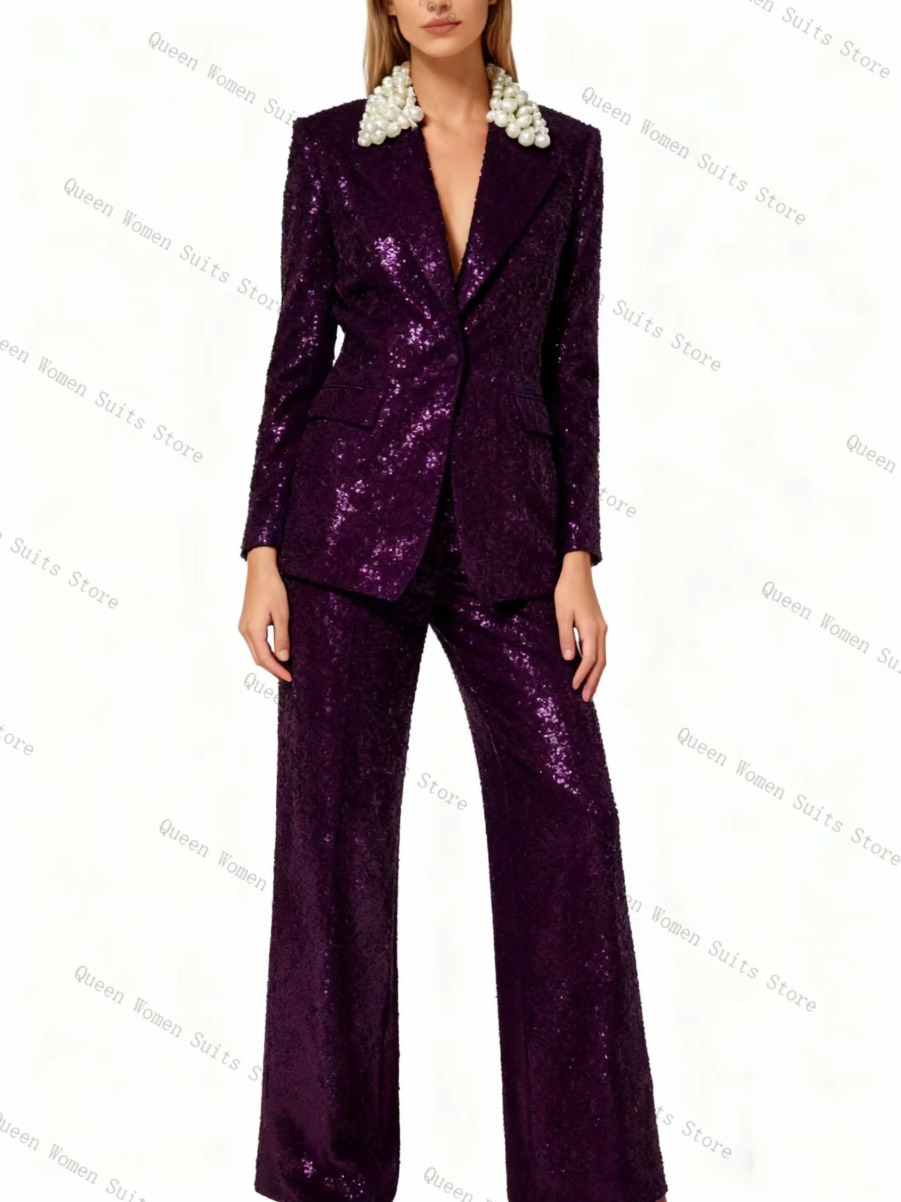 الفاخرة الترتر الأزرق الداكن المرأة البدلة مجموعة 2 قطعة السترة + السراويل بنطلون مكتب رسمي سترة حريمي ضيف الزفاف حفلة موسيقية معطف مخصص