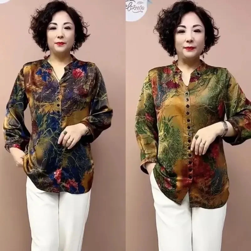 

2024Spring Summer Loose Mother Set Pullover Middle-Aged And Elderly Women's Shirt Colorful Short Style Mother Small Shirt Blouse