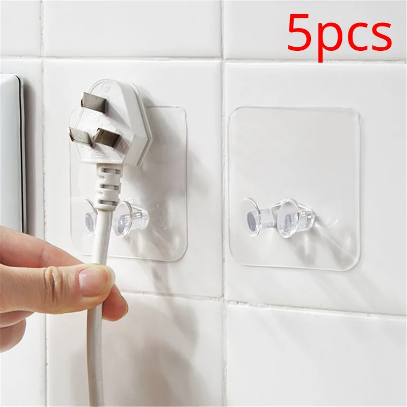 

5pcs Transparent Power Plug Traceless Adhesive Hook Multi-functional Portable Wall-mounted Storage Sticky Hook Wire Plug Bracket