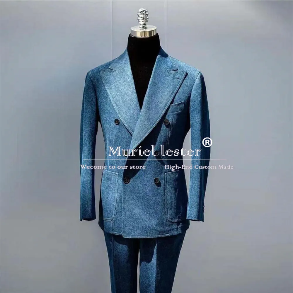 Blue Denim Suits Men Smart Casual Daily Wear Double Breasted Jacket Pants 2 Pieces Groom Dinner Party Wedding Tuxedos Customized