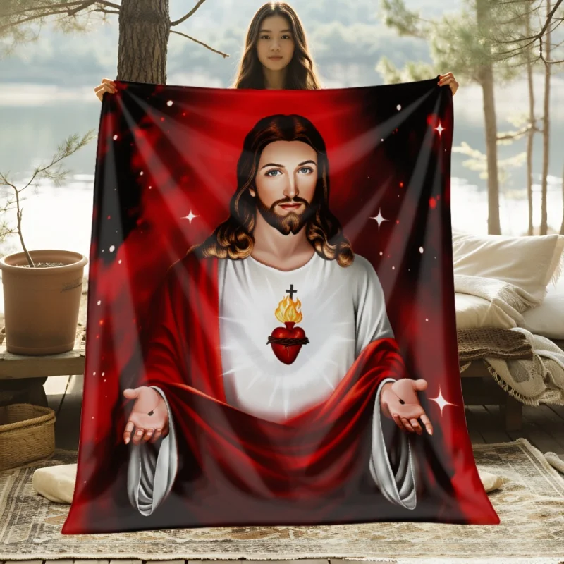 Sacred Heart Jesus Christ Printed Blanket Soft Lightweight Religious Theme Home Sofa Bed Couch Decor Throw Blanket