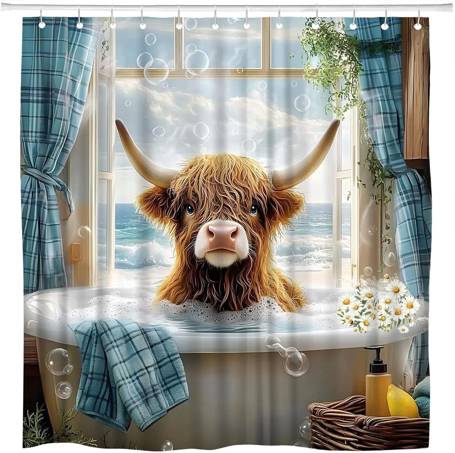 

Уникальная занавеска для душа Highland Cow в ванне, забавный декор для ванной комнаты, водонепроницаемая ткань, любовь для детей и взрослых, 72x72 дюйма