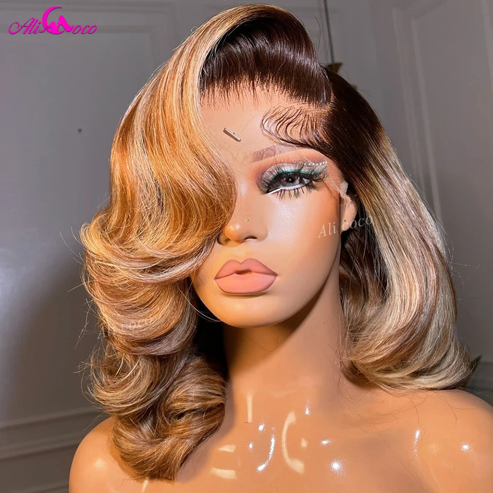 

Highlight 180 Density P4/27 Body Wave 13x4 Lace Frontal Human Hair Short Bob Pre Plucked Transparent Lace Front Wigs For Women