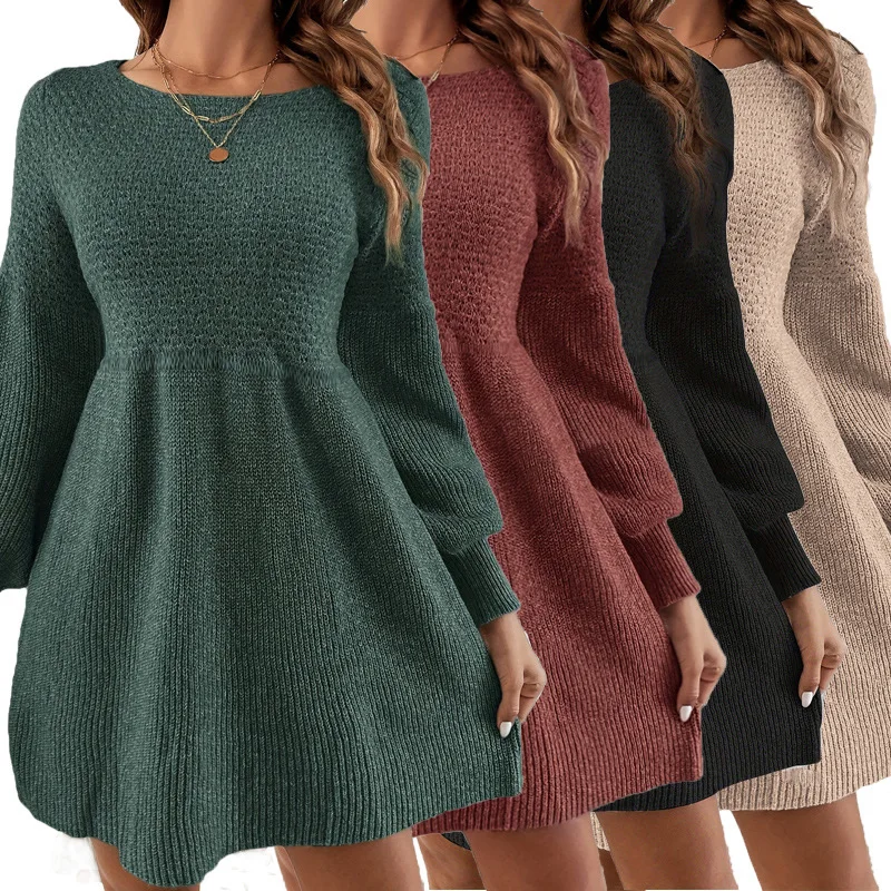 

New Trendy European and American Style Women's Sleeve Round Neck Sweater Fashion Dress
