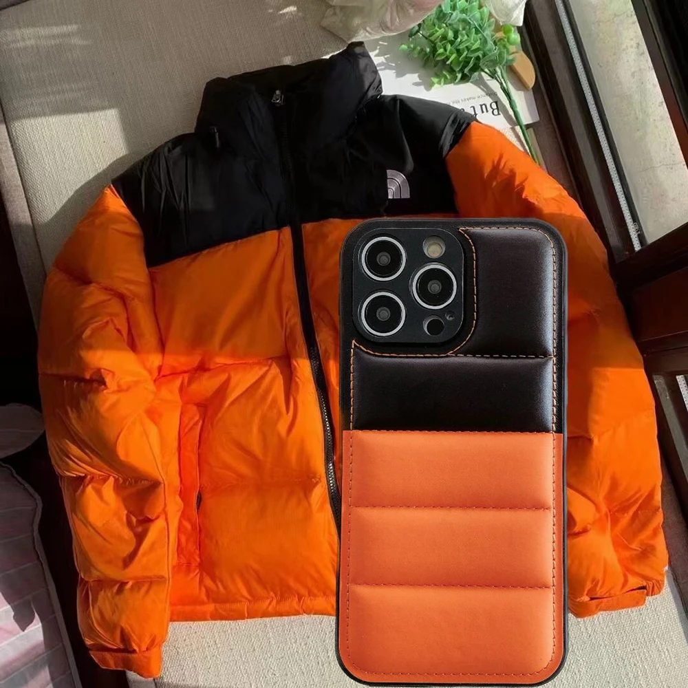 Orange Soft Cloth Phone Case, Down Jacket, Puffer Cover, iPhone 15, 14, 13, 12, 11, 14 Pro Max, Lens Protection, Funda, Fashion