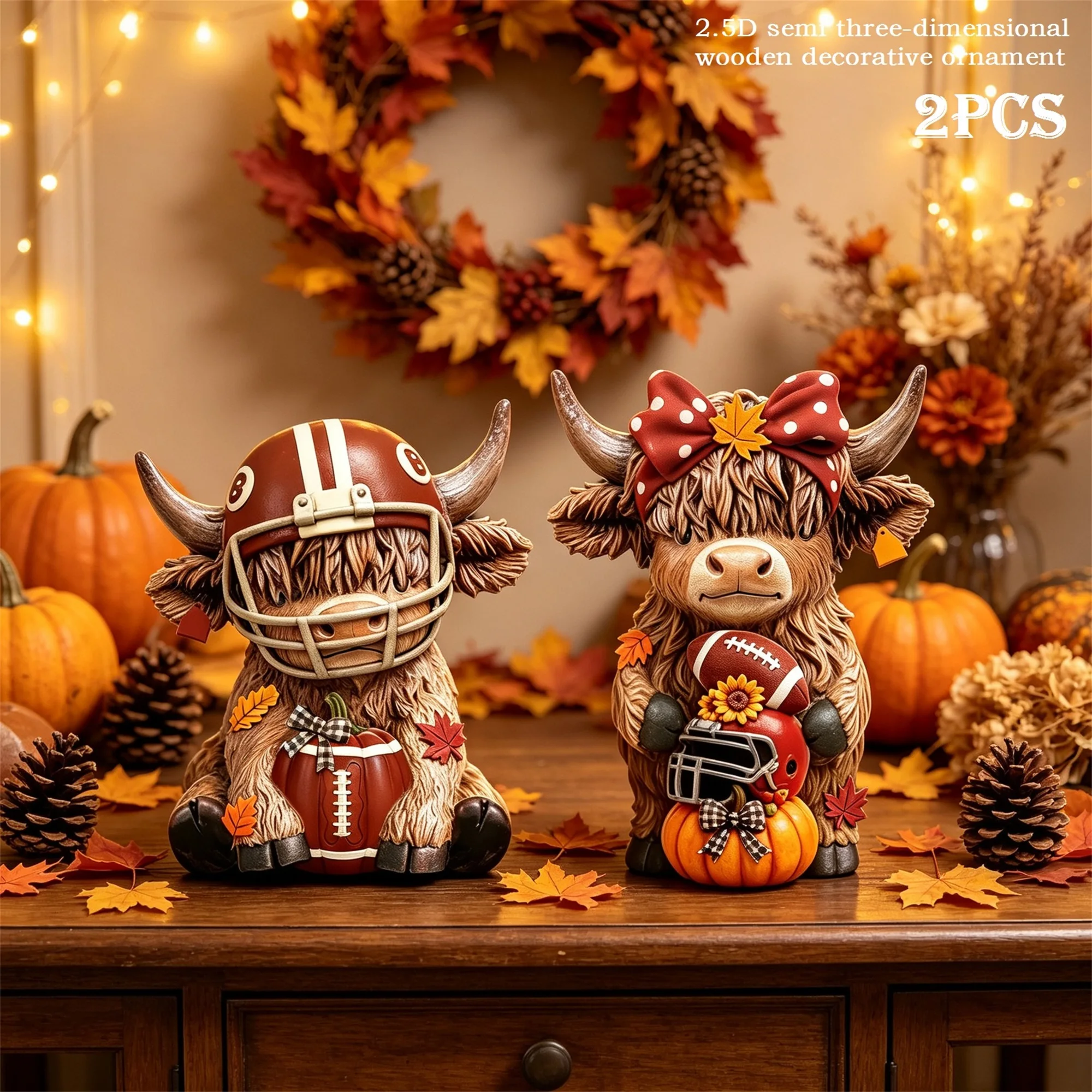 2 Pcs Wood Highland Cow Statues Fall Football Cattle Figurines Table Decor