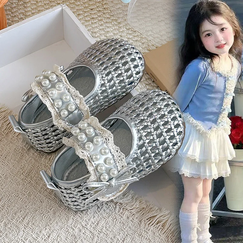 Kids Sandals Weave Trendy Hollowed-out Girls Princess Casual Shoes Sweet Lace 2026 Summer New Children Flat Shoes Round Toes