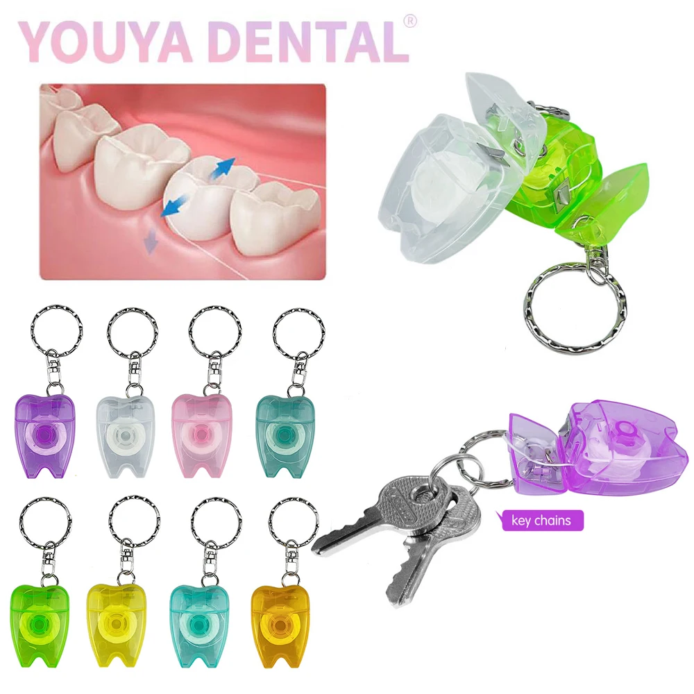 Portable Dental Floss Keychain 30Pcs Cleaning Mint Dental Teeth Floss Tooth Shaped Key Chain Flat-Line Design Cleaning Oral Care