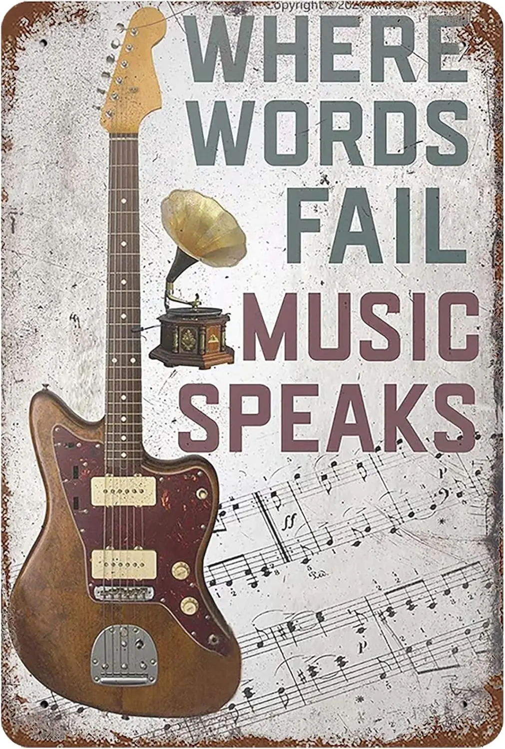 Vintage Metal Tin Sign  , Guitar Music Musical Wall Decor Where Words Fall Speaks Poster for Home Living Room Bedroom Garden Gar