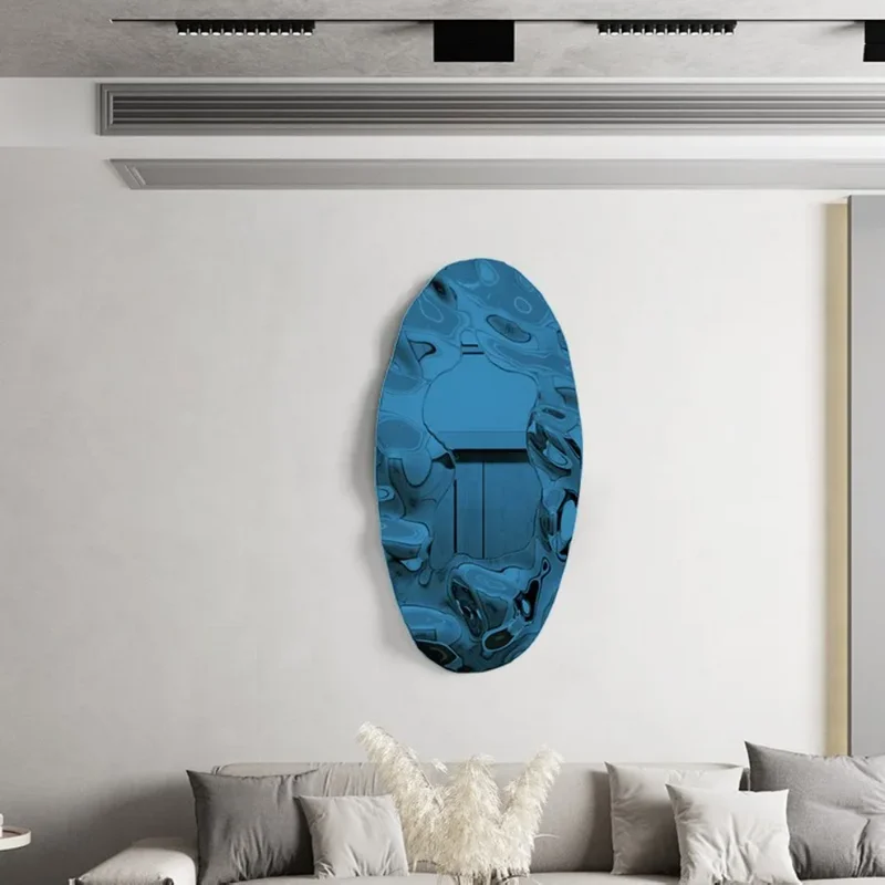Stainless steel oval mirror sculpture, water ripple design wall hanging, pure hand forged electroplated color wall decoration