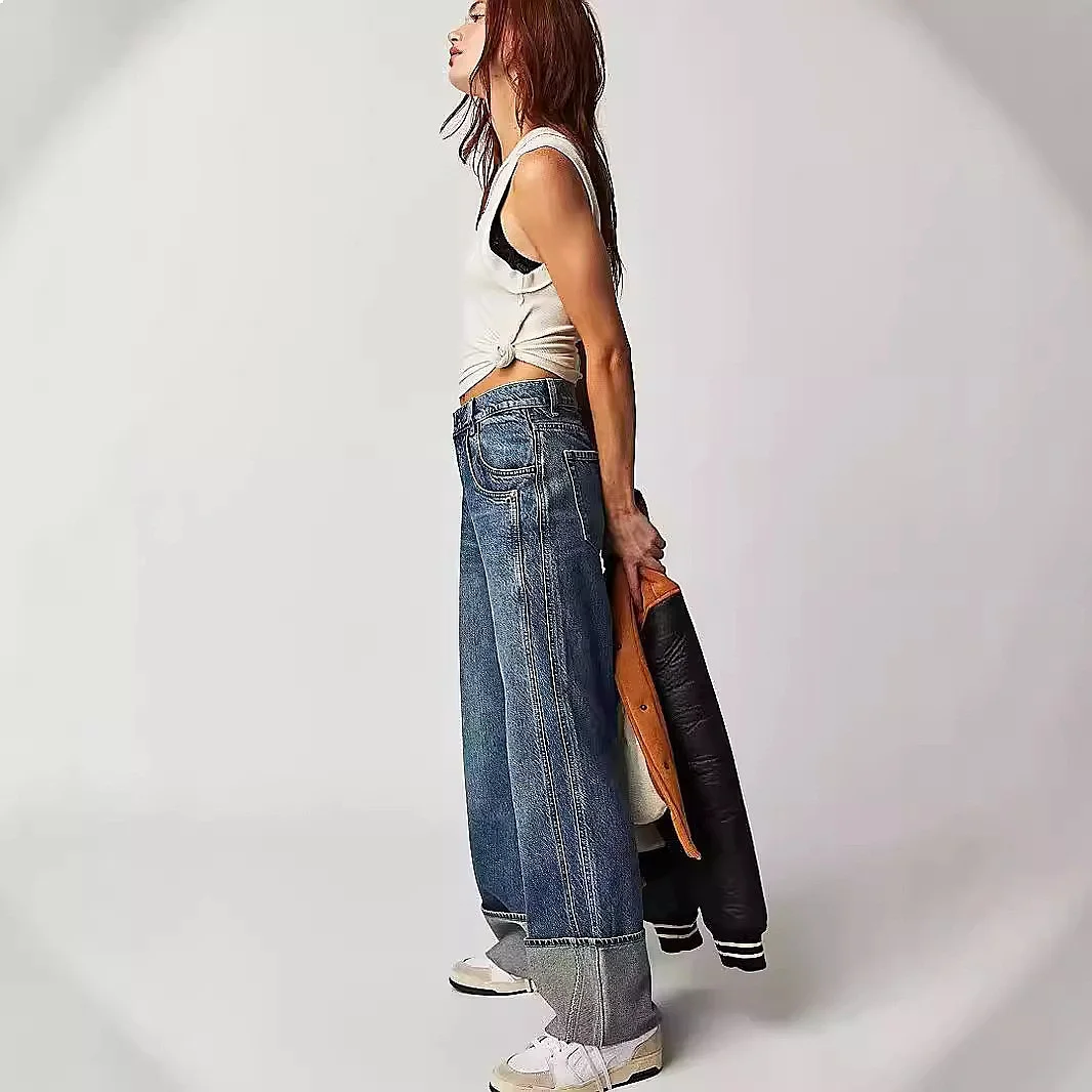 Womens Straight Jeans Midrise Vintage Wash Loose Cuffed Jean Pants Spring Summer