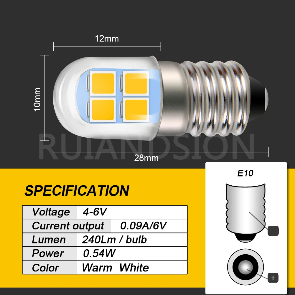 RUIANDSION E10 Bohlam LED 4-6V Basis Sekrup 2835 SMD Putih Hangat Pengganti Lampu Indikator Speedometer Motor Upgrade