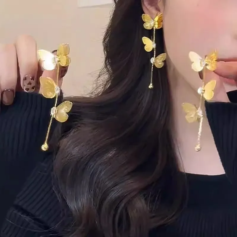 

Gold long fringed stud earrings niche light luxury temperament fashion thin versatile design butterfly copper alloy earrings