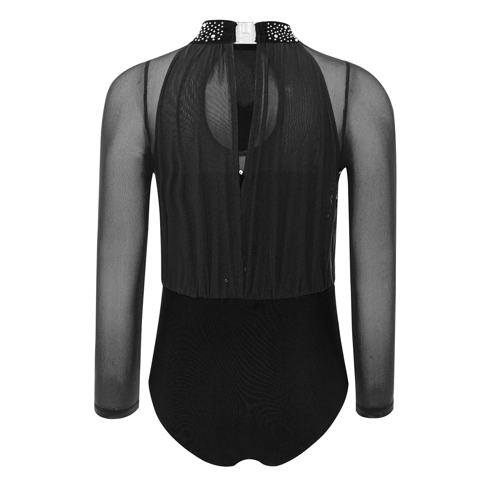 Kids Girls Ballet Skating Gymnastics Performance Outfit Set Sheer Mesh Long Sleeve Keyhole Back Leotard With Sequins Rhinestones