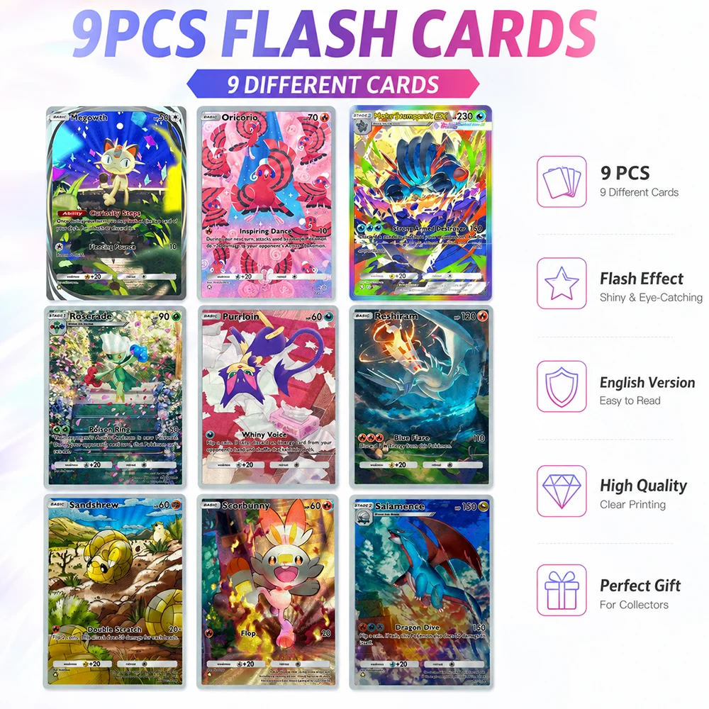 

9PCS PTCG Full Art Trading Card Collection Meowth Oricorio Mega Swampert EX Reshiram Salamence Holo Foil Collector Gift Set