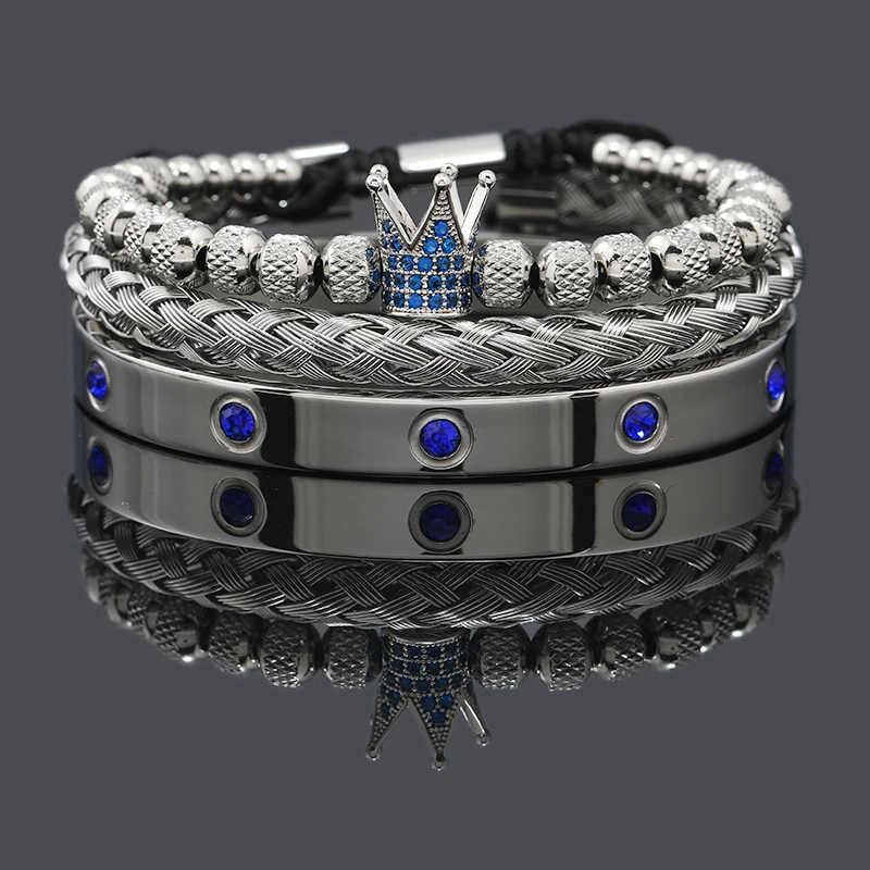 Luxury Set CZ Crown Charm Handmade Man Bracelet Roman Stainless Steel Blue Crystals Bangles Pulseras Jewelry