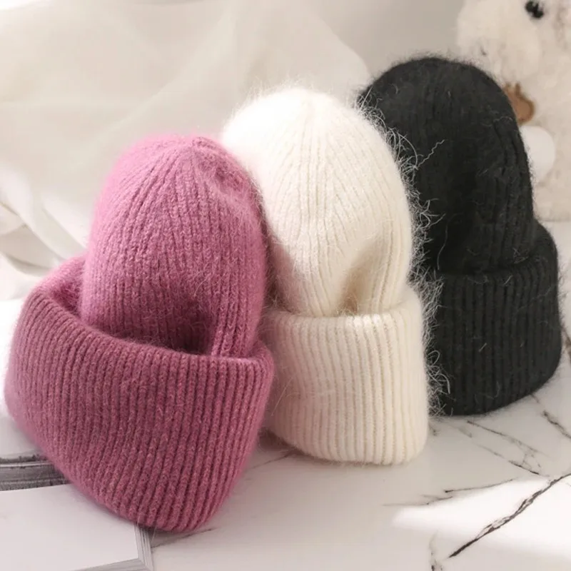 

Winter Angola Rabbit Fur Knitted Beanies For Women Fashion Solid Warm Cashmere Wool Skullies Cap Female Three Fold Thick Hats