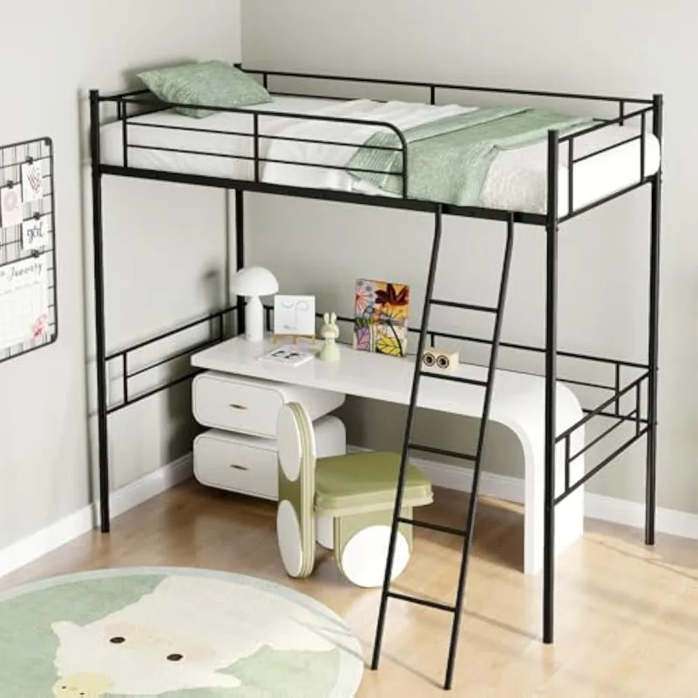 

Twin Metal Loft Bed, Heavy-Duty Steel Slats Support Loft Bed Frame with Ladder, Safety Guardrail, Space-Saving Loft Bunk