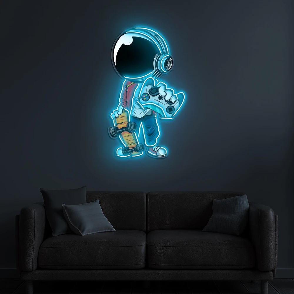 Astronaut With Gamepad And Skateboard Neon Sign Custom Bedroom Gaming Room Wall Decor Night Lights Kids Room Led Light Signs