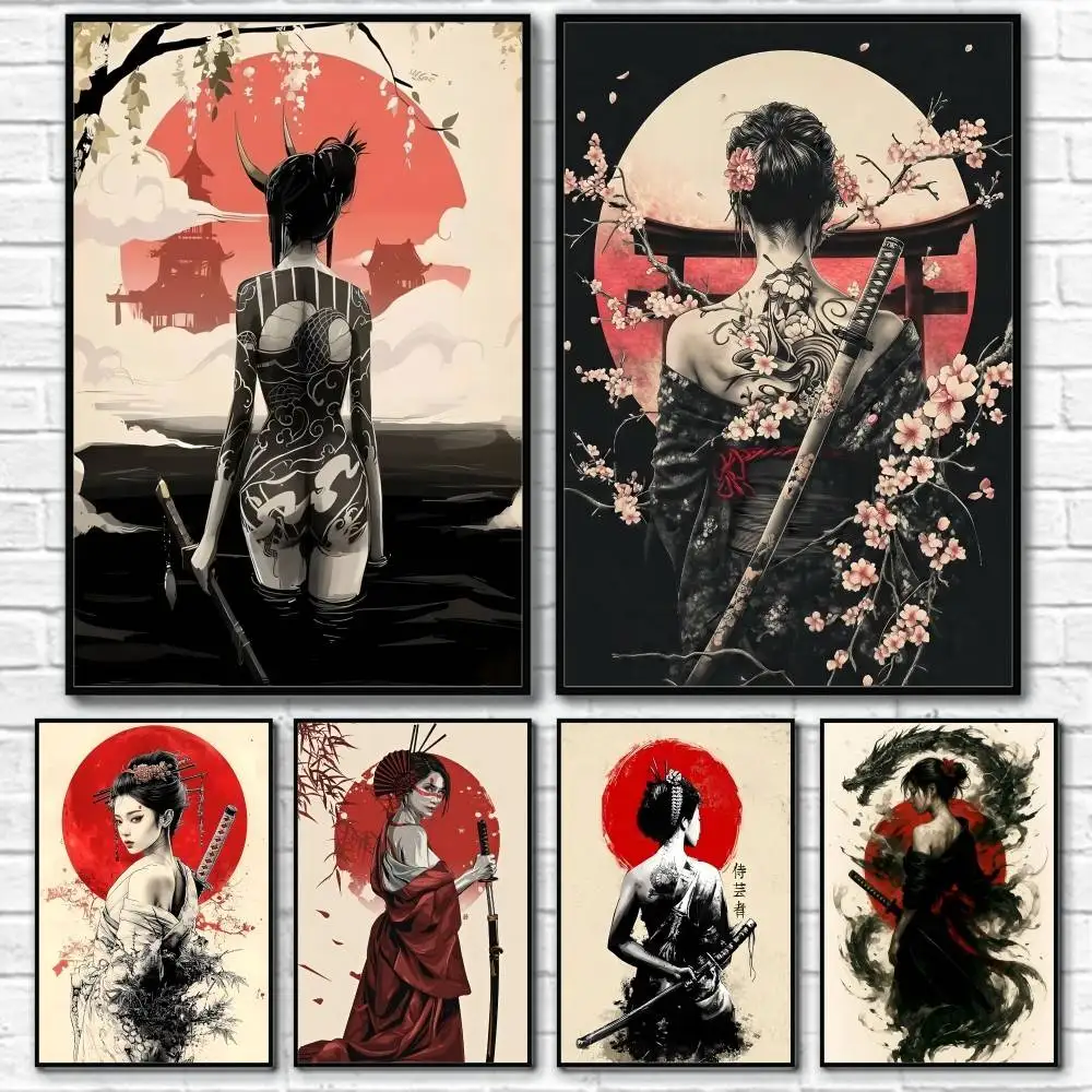 

Retro Sexy Japanese Female Samurai Poster Home Living Bed Room Bar Hallway Sticky Wall Art Printing Waterproof Aesthetic Decor