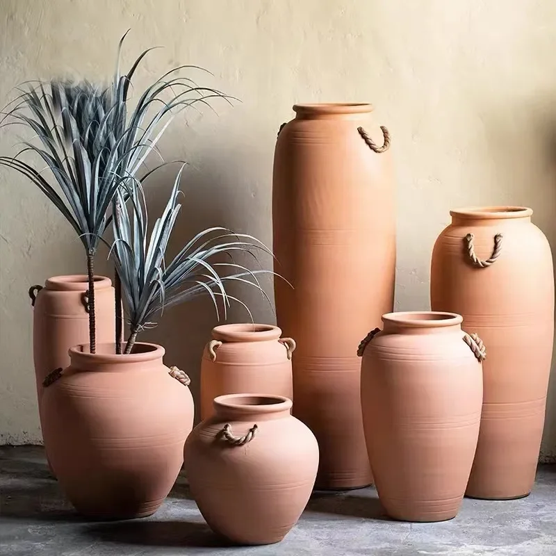 Jingdezhen Coarse Pottery Ceramic Vase with Handles Large Floor Standing Flower Pot for Living Room Hotel BnB Home Decor
