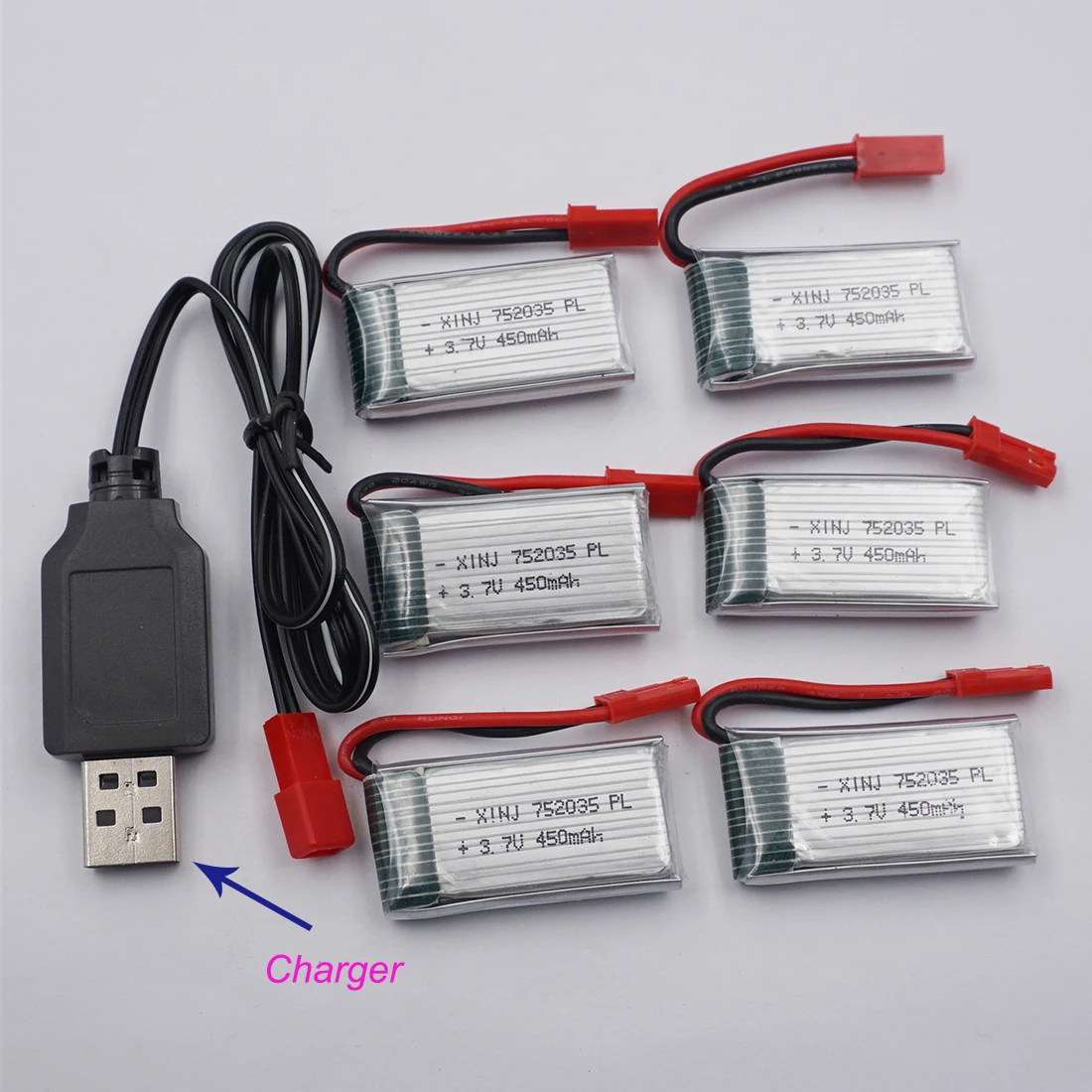 

XINJ Charger +6pcs 3.7V 450mAh 25C Rechargeable Polymer Li Lipo Battery 752035 JST For X4H107 MJXF47 DFDF180 RC Quadcopter Drone