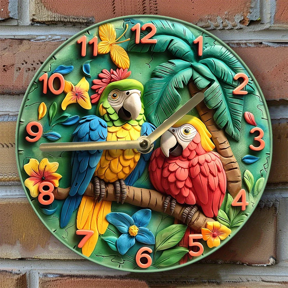 2D Parrots Wall Clock - High-Definition 2D Flat Printing, DIY Assembly Kit, Includes Clock Movement Wall Clock Modern Design