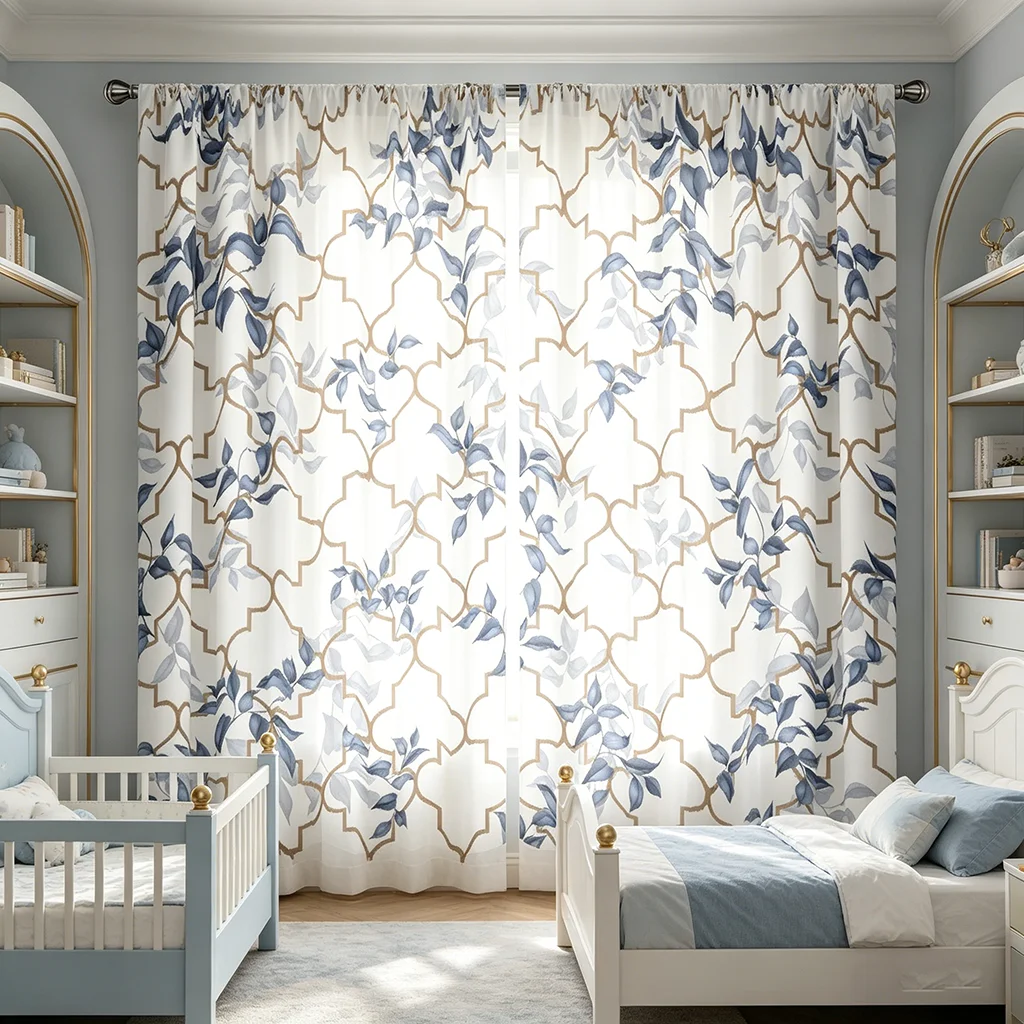 2PCS Curtains, Off-White with Blue Leaves & Gold Lattice Pattern, for Bedroom & Living Room, Rod Pocket Style