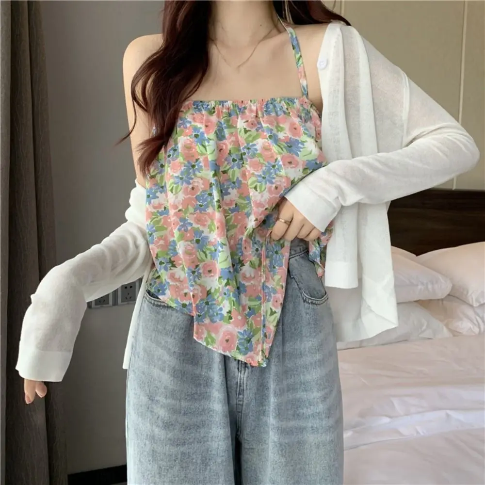 

Ins Style Sleeveless Sweet Flower Halter Vest Thin Camisole Floral Crop Tops Loose Spicy Girl Tops Girl