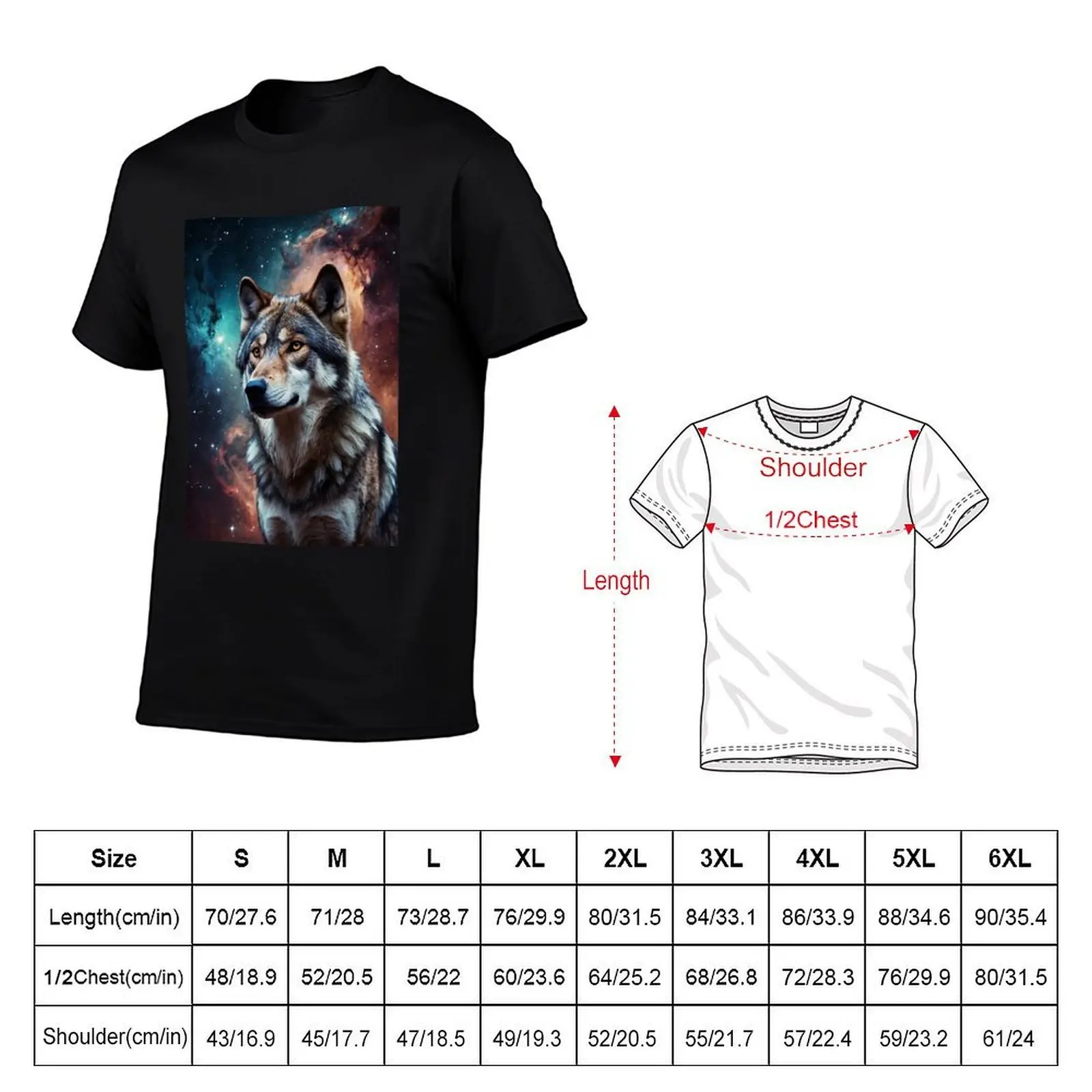 Mystical Wolf with Colorful Universe Background Cosmic Spirit Animal Art T-Shirt blue archive Men's cotton t-shirt