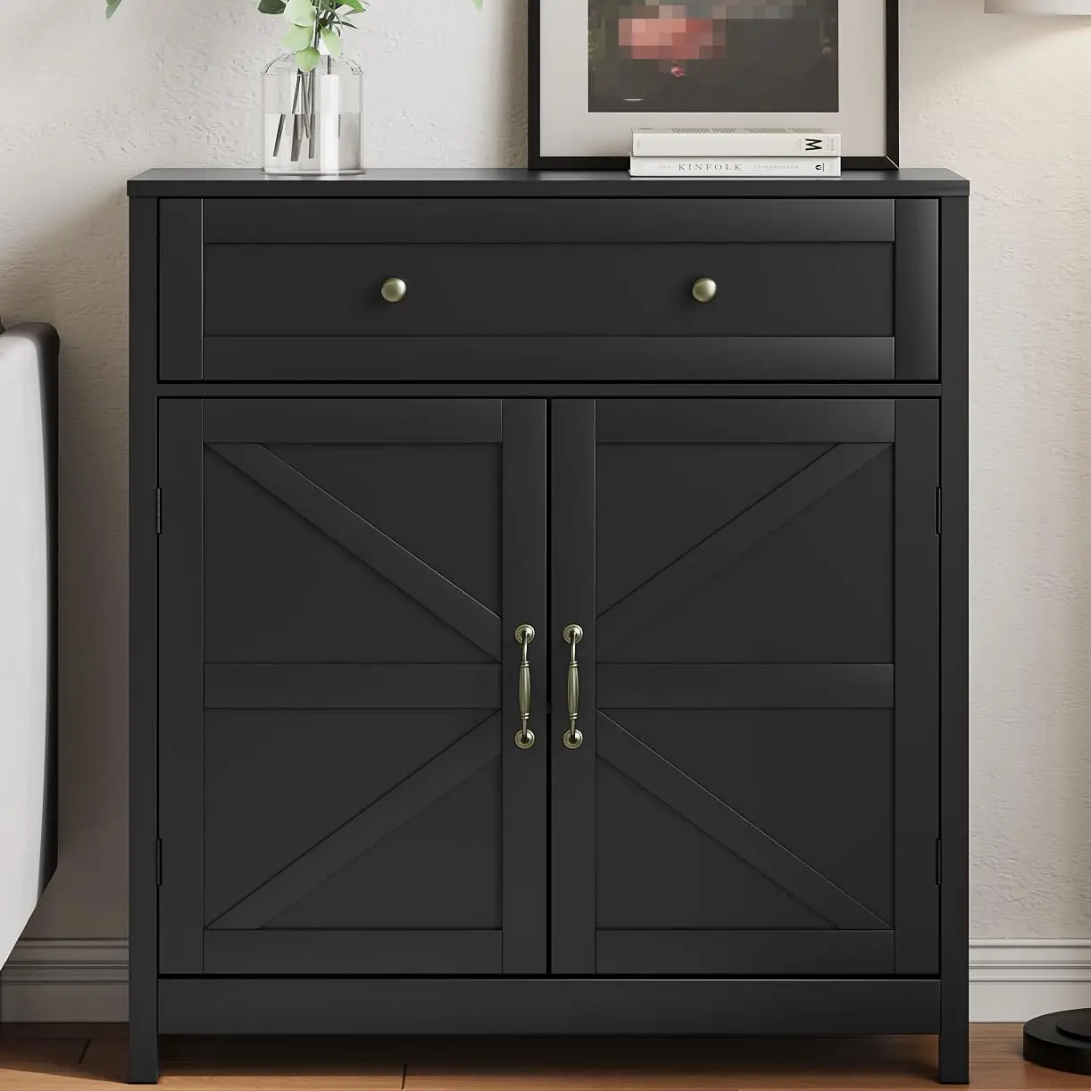 

Buffet Sideboard with 2 Barn Doors,Black Kitchen Cabinet with Adjustable Shelf, Freestanding Floor Storage Cabinet