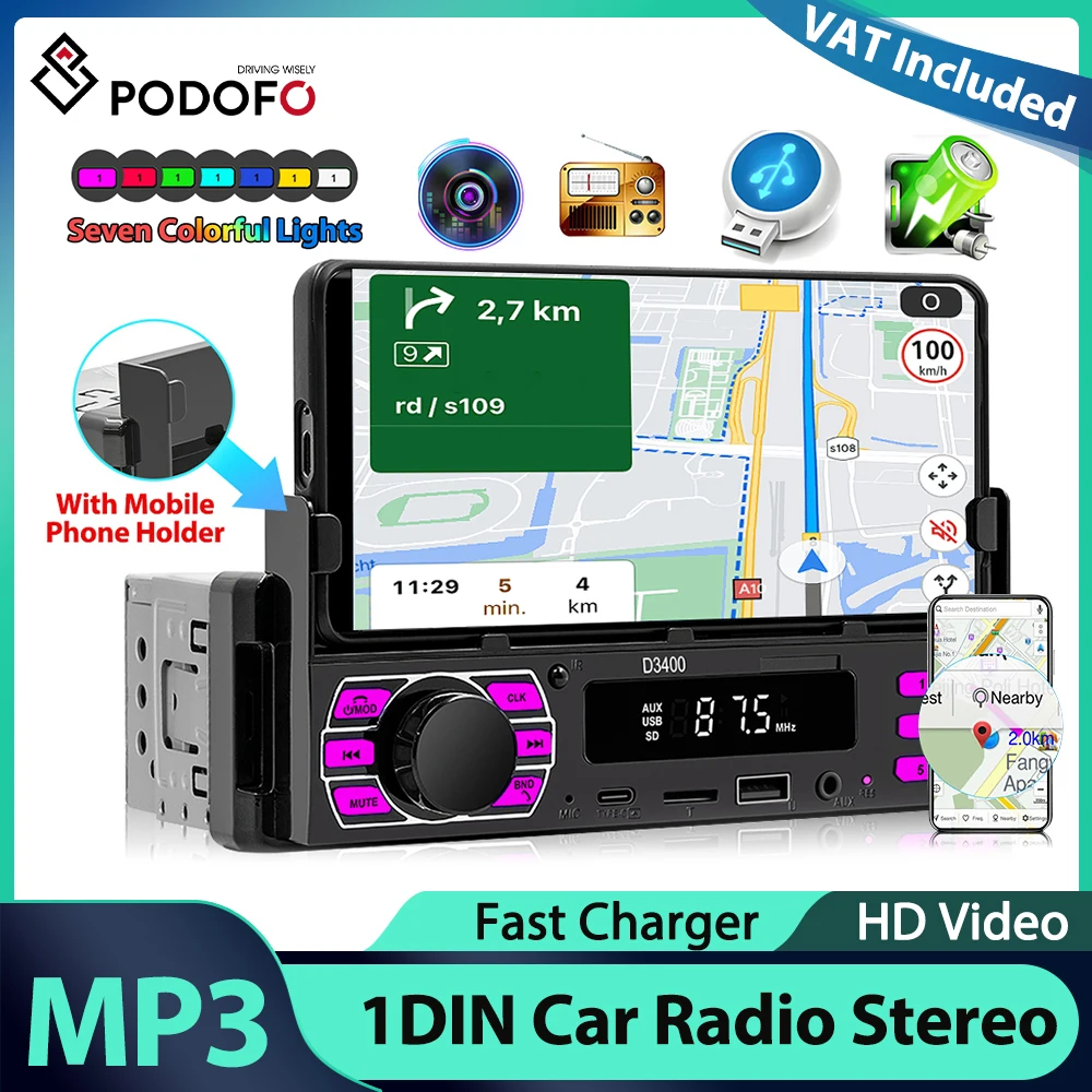 Reproductor MP3 Podofo 1Din con Bluetooth, Radio para Auto de 12V con Soporte para Teléfono, Reproductor Multimedia Compatible con Carga Tipo-C, Puerto USB/AUX/Tarjeta TF