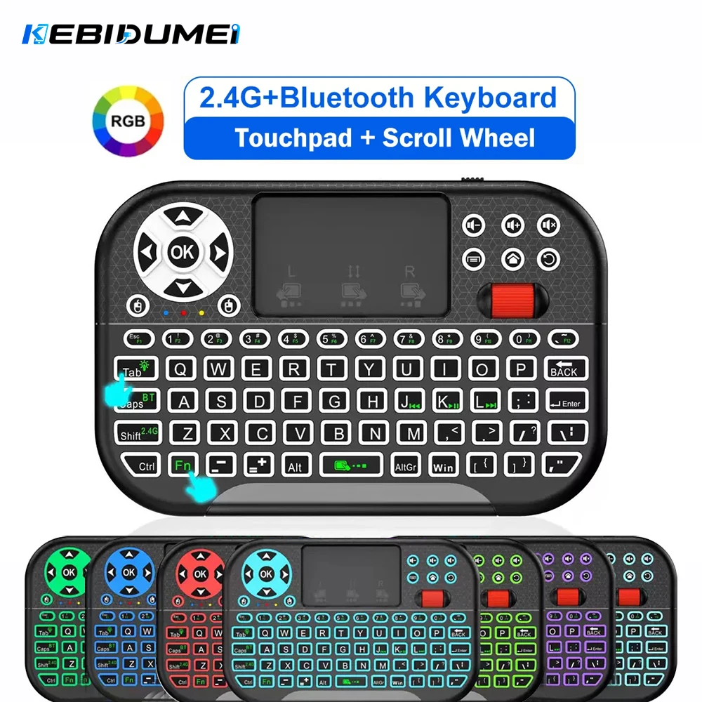 Teclado Mini Retroiluminado RGB KEBIDUMEI com Touchpad e Roda de Rolagem, Teclado Sem Fio Bluetooth 2.4G com Air Mouse para PC e TV Box