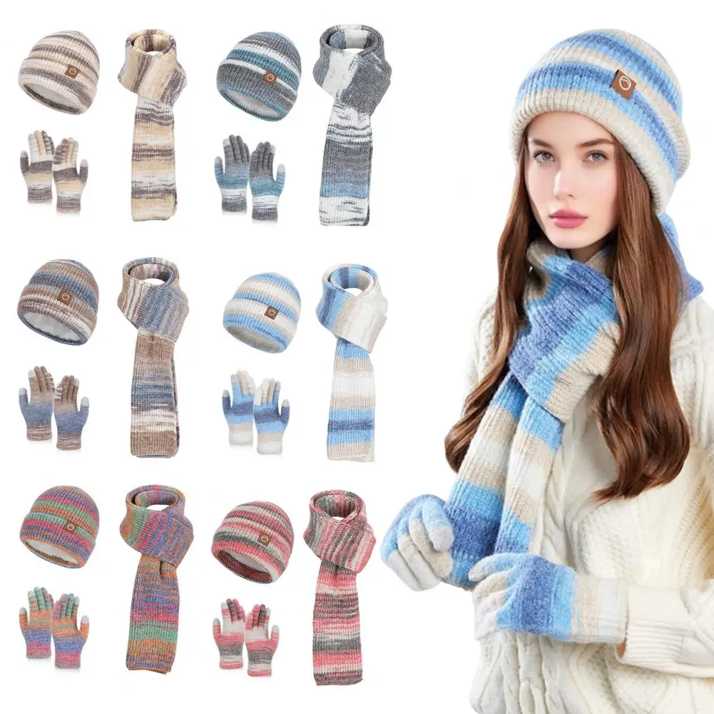 Neutral Winter Accessories Thermal Lining Brimless Hat Women's Winter Accessories Set Knit Hat Long Scarf Touch Screen for Cold